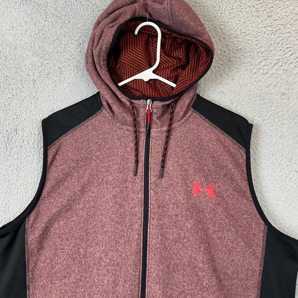 Under Armour Vest Mens Large ColdGear Maroon Black Full Zip Hooded Athletic EUC